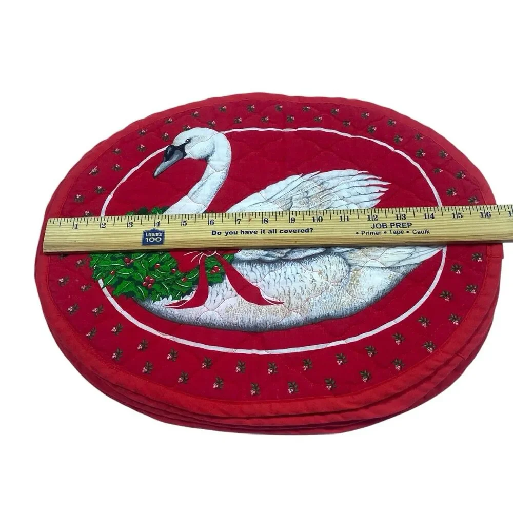 Set of 4 Vintage 1980s Christmas Holiday Goose Quilted Placemats Cottagecore Red